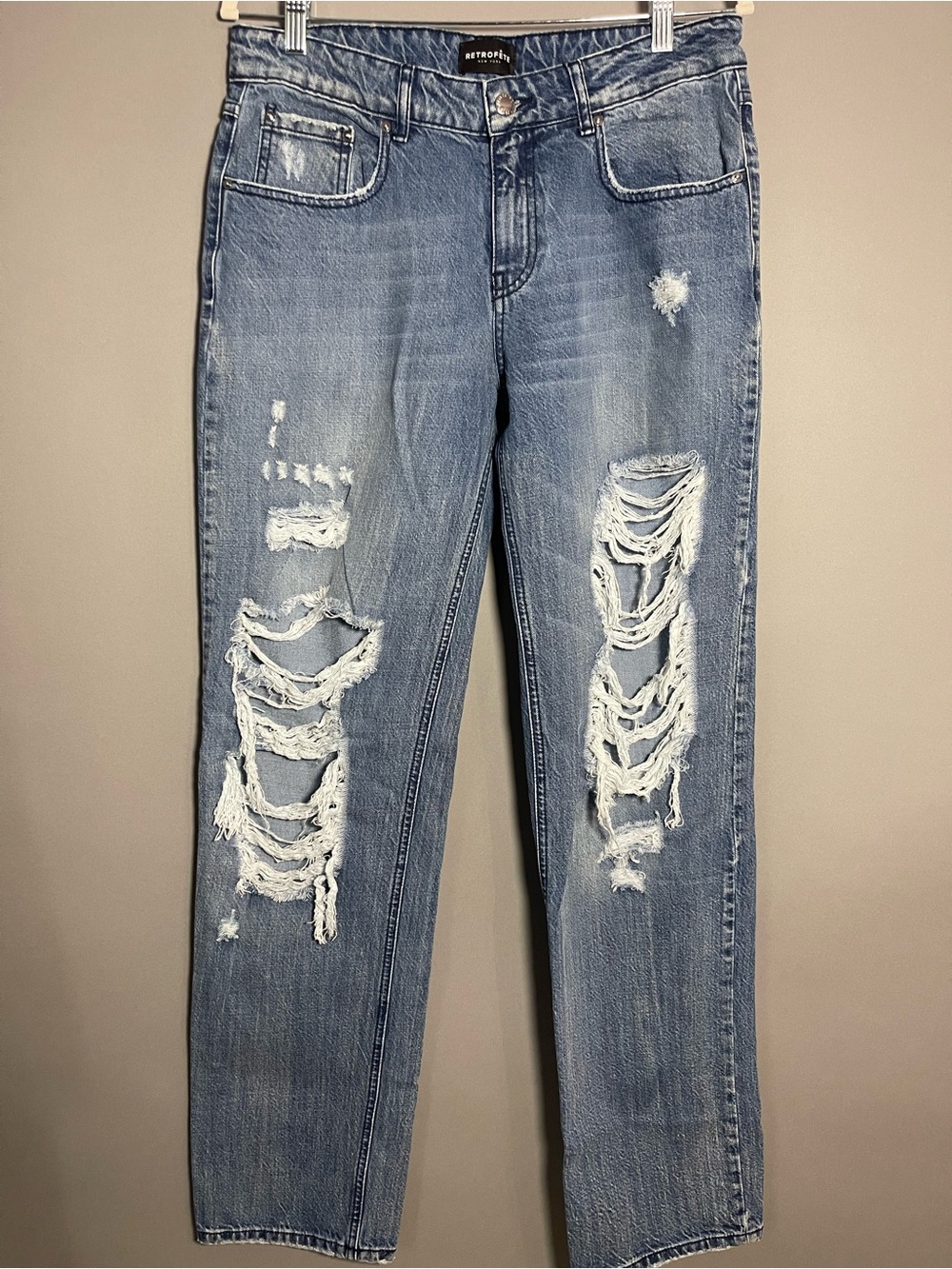 Retrofête Distressed Straight Leg Jeans Size 28 Ripped Denim Blue